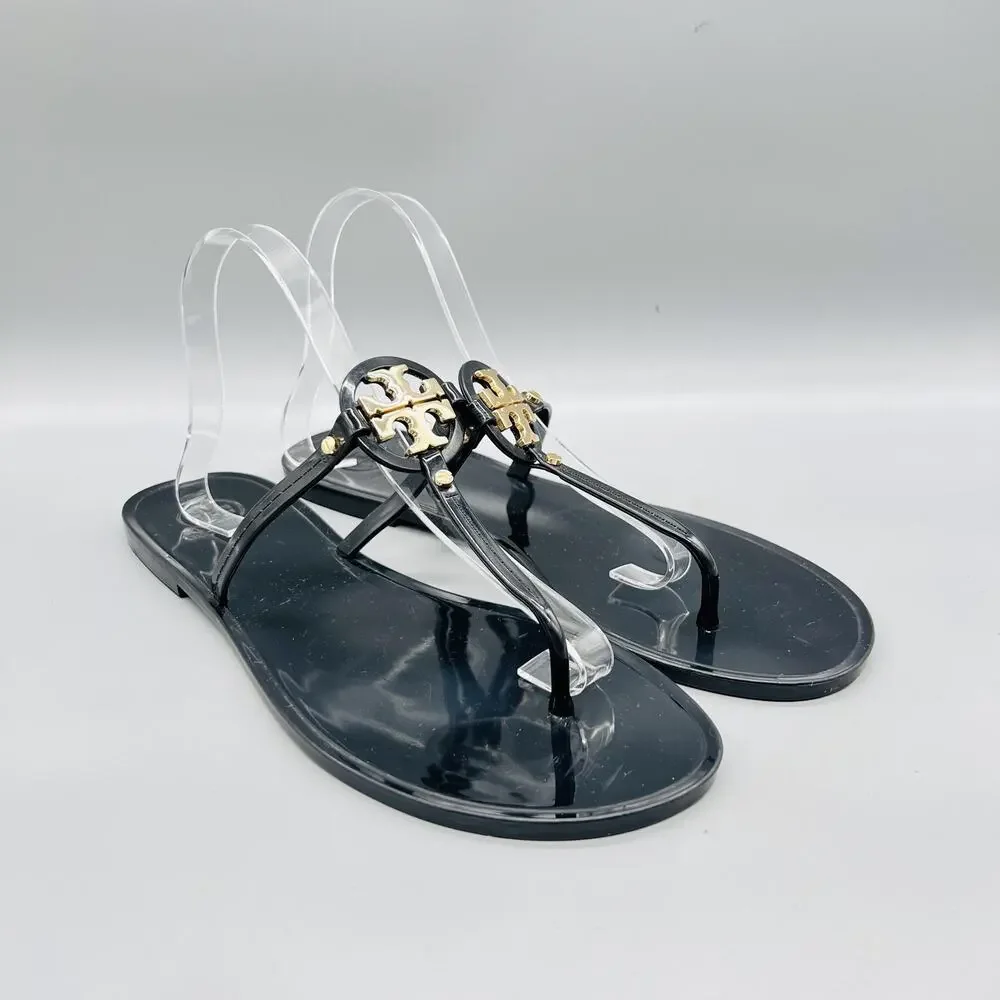Tory Burch Sandals Womens 11 Black Rubber Jelly Thong Logo Medallion Shoes